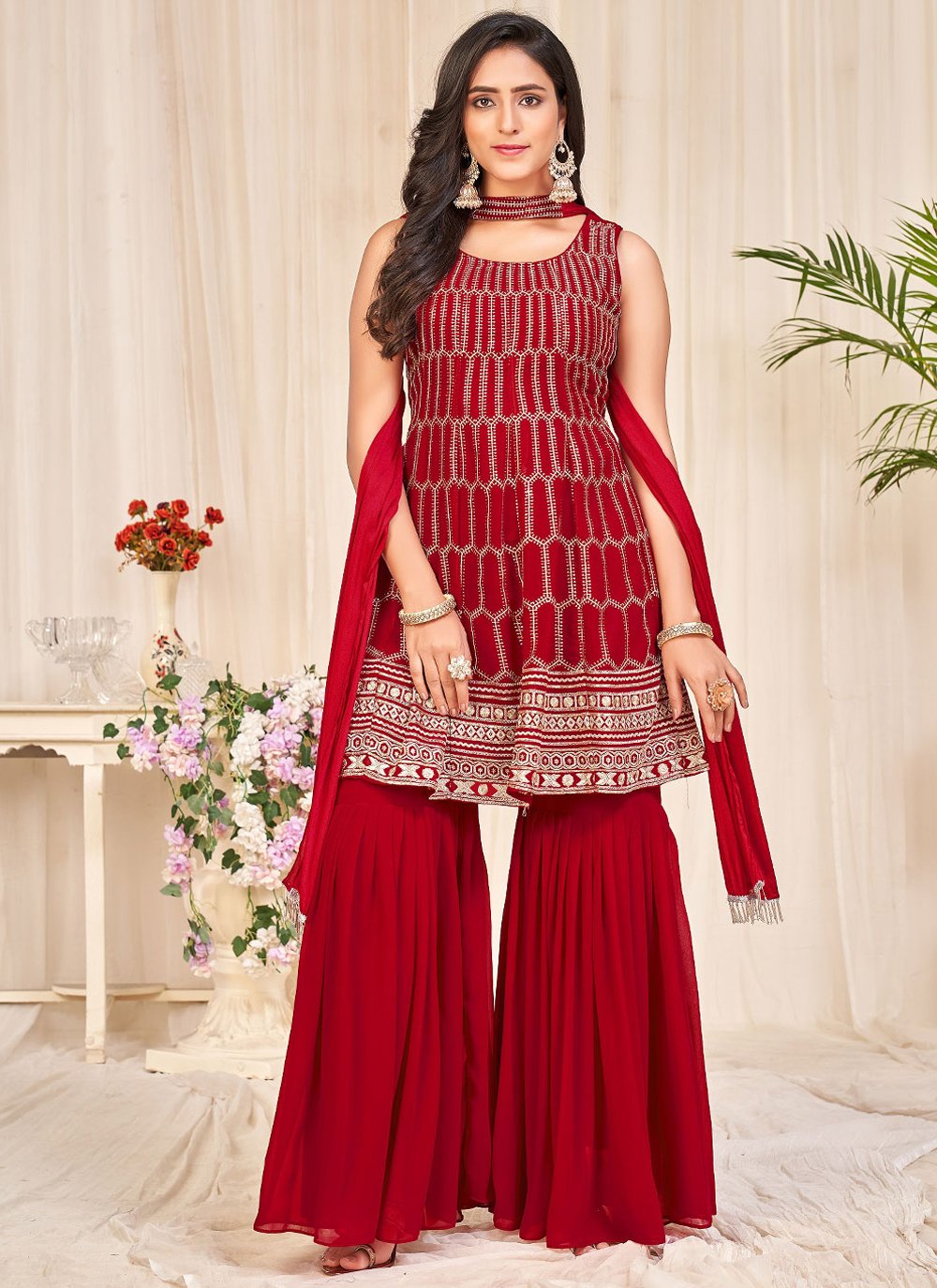 Pakistani Salwar Suit Georgette Red Embroidered Salwar Kameez