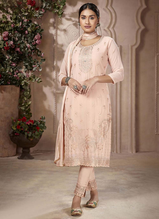 Pant Style Suit Georgette Peach Embroidered Salwar Kameez