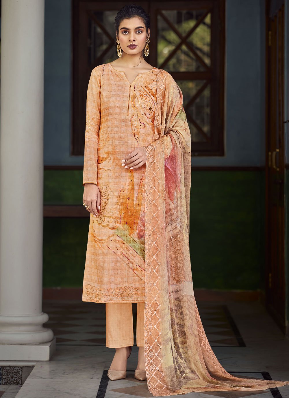 Straight Salwar Suit Georgette Orange Digital Print Salwar Kameez