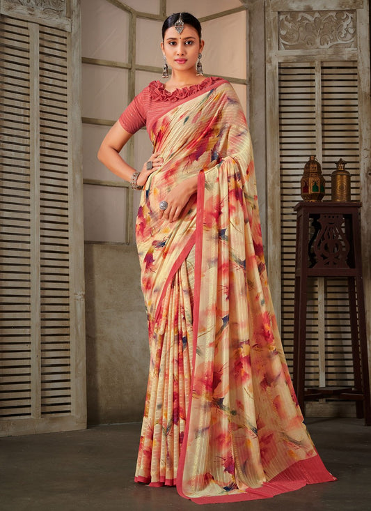 Trendy Saree Georgette Cream Print Saree