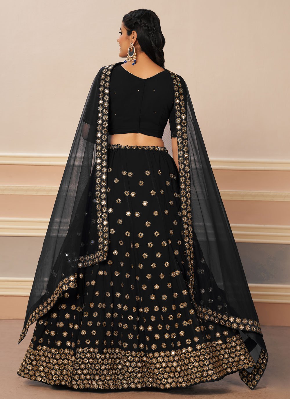 A Line Lehenga Georgette Black Embroidered Lehenga Choli