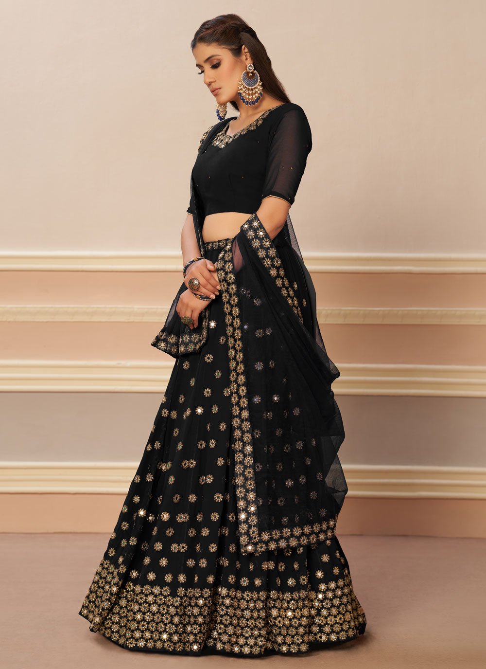 A Line Lehenga Georgette Black Embroidered Lehenga Choli