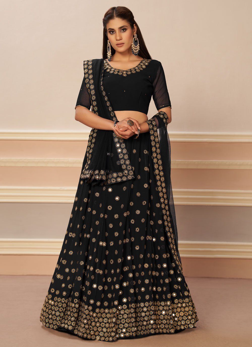 A Line Lehenga Georgette Black Embroidered Lehenga Choli