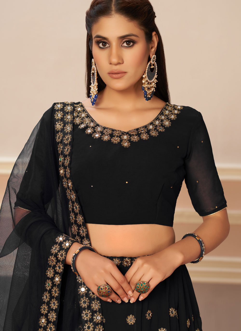 A Line Lehenga Georgette Black Embroidered Lehenga Choli