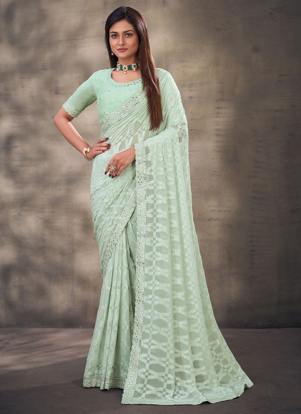 Contemporary Georgette Sea Green Mirror Saree