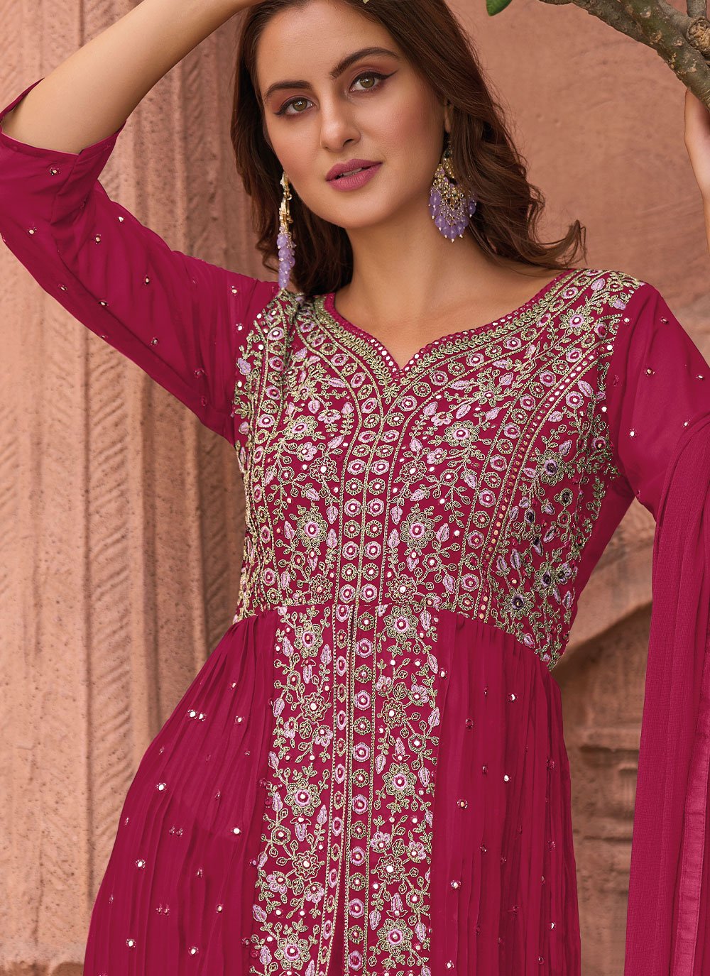 Palazzo Salwar Suit Georgette Hot Pink Embroidered Salwar Kameez