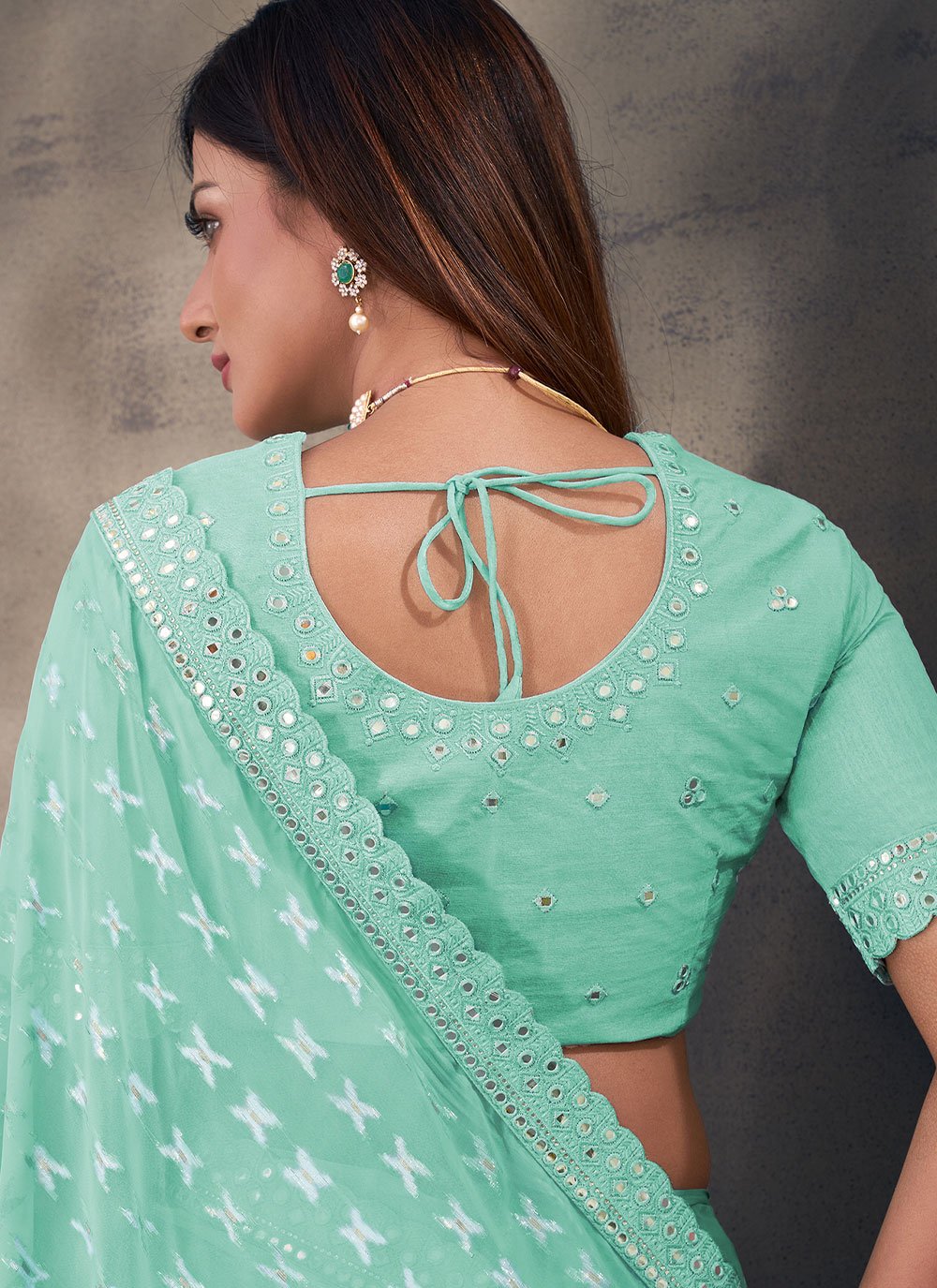 Classic Georgette Turquoise Mirror Saree