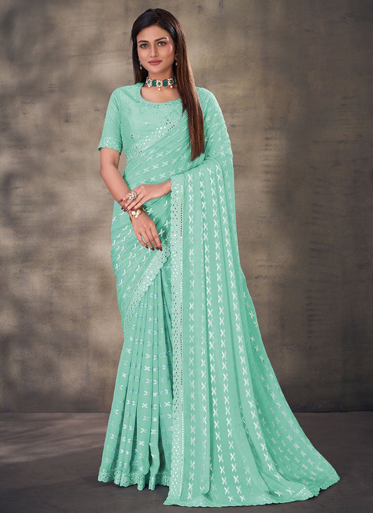 Classic Georgette Turquoise Mirror Saree