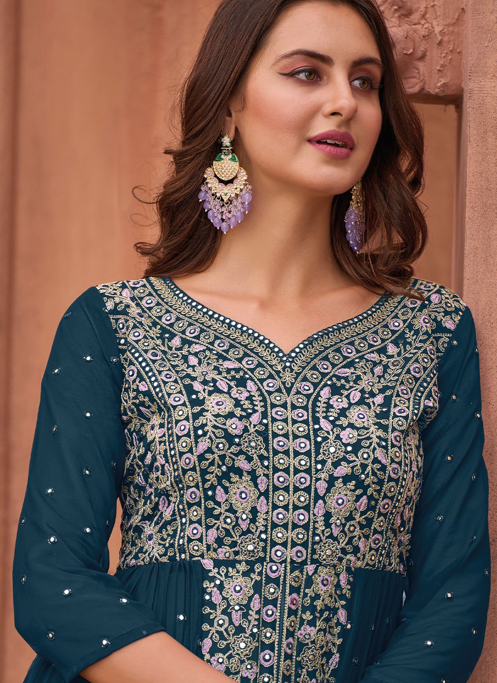 Palazzo Salwar Suit Georgette Morpeach Embroidered Salwar Kameez