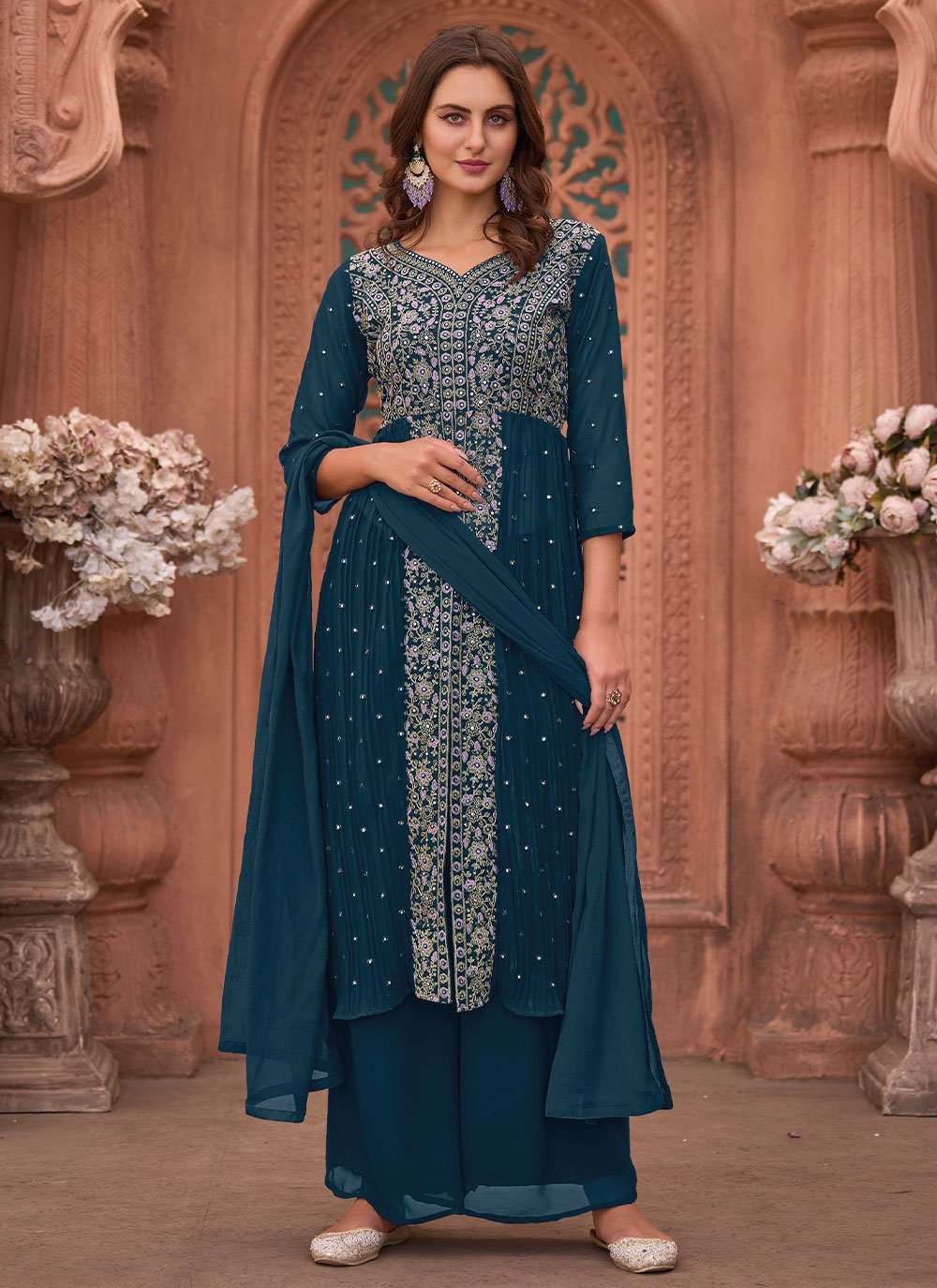 Palazzo Salwar Suit Georgette Morpeach Embroidered Salwar Kameez