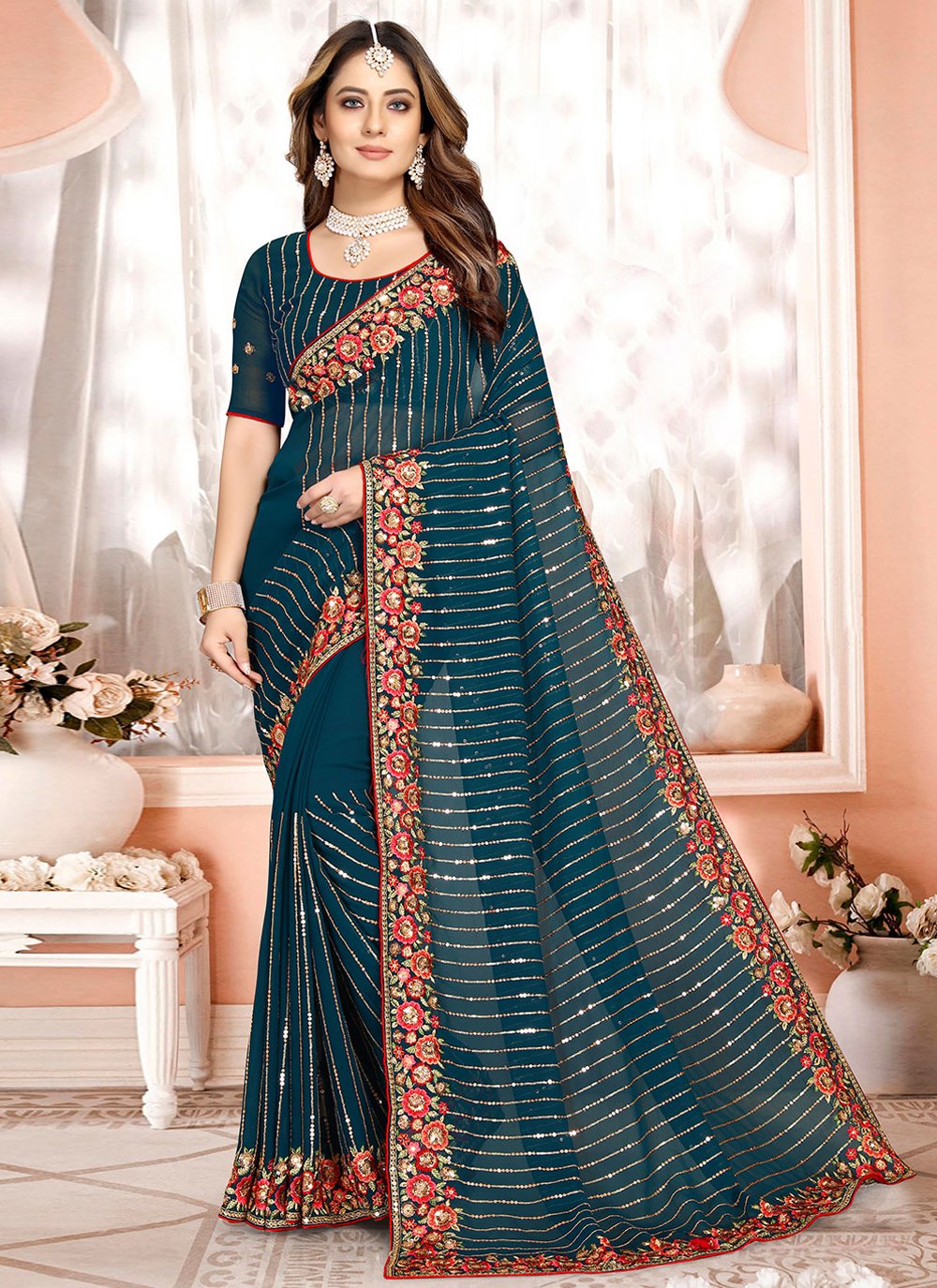 Traditional Saree Georgette Morpeach Embroidered Saree