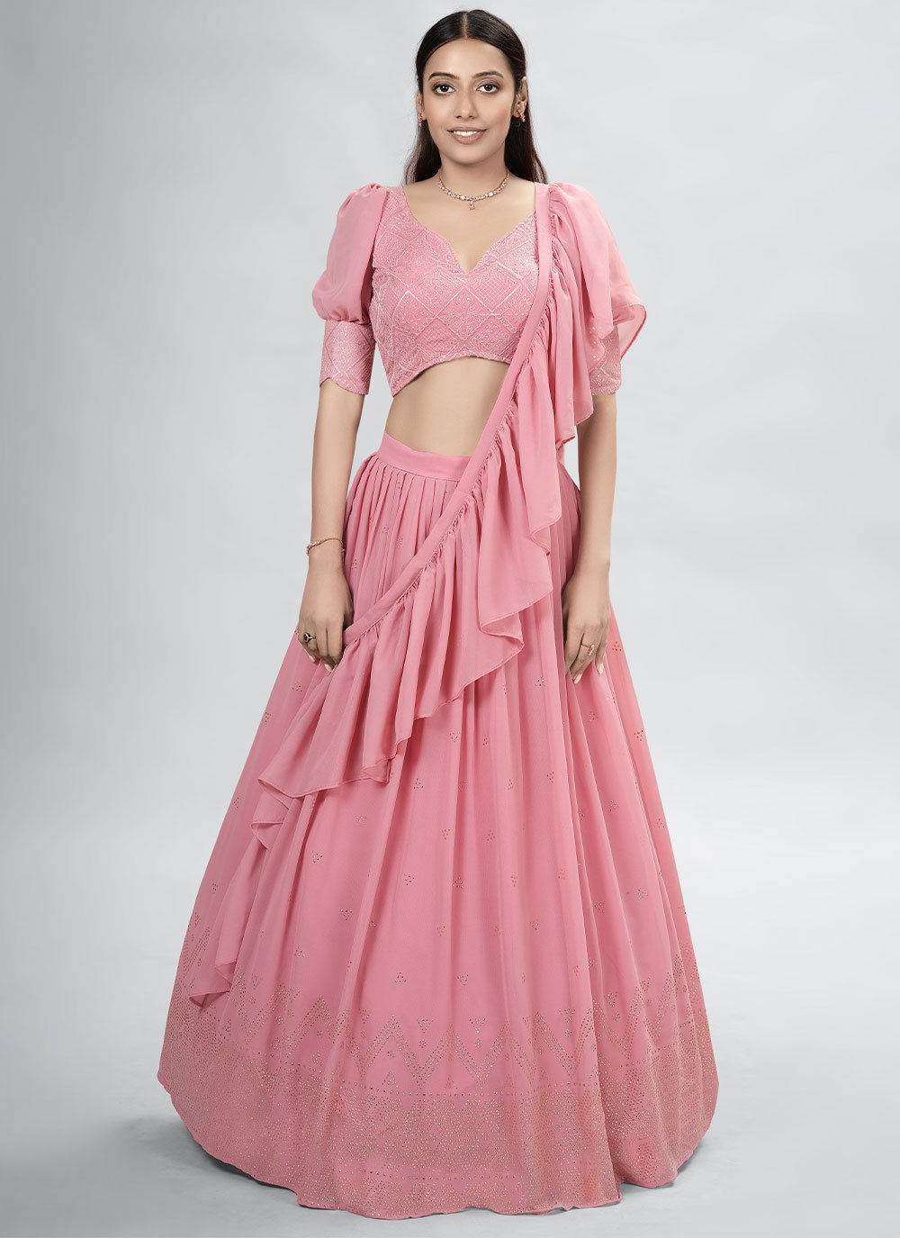 Lehenga Choli Georgette Pink Mukesh Work Lehenga Choli