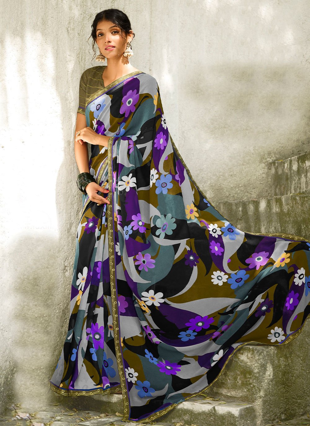 Contemporary Georgette Multi Colour Lace Saree