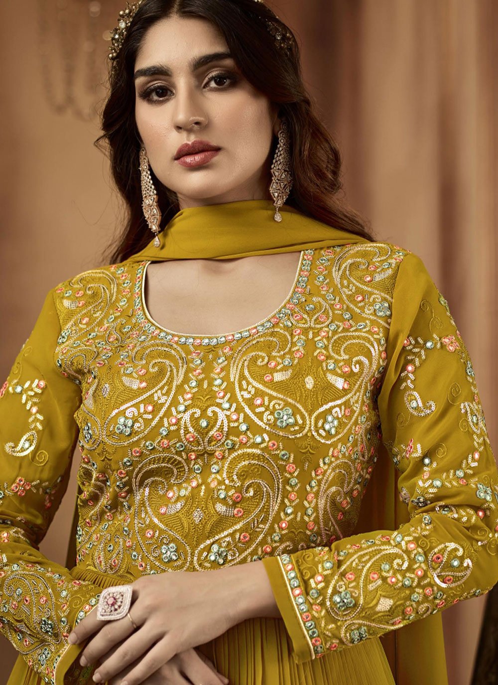 Anarkali Suit Georgette Mustard Embroidered Salwar Kameez