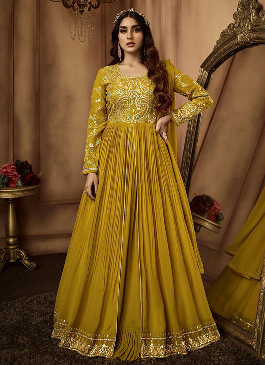 Anarkali Suit Georgette Mustard Embroidered Salwar Kameez