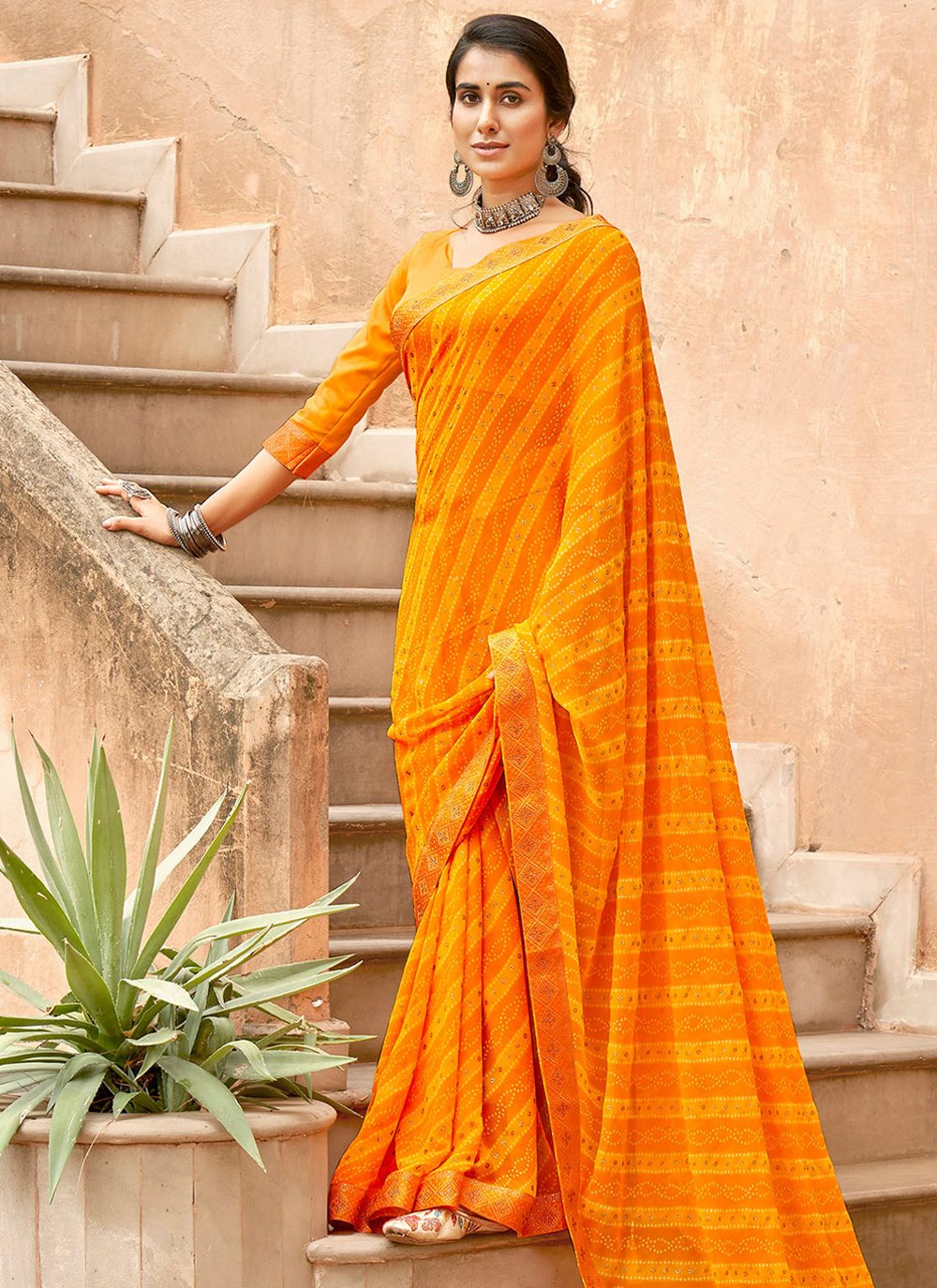 Bandhani Saree Georgette Mustard Print Saree