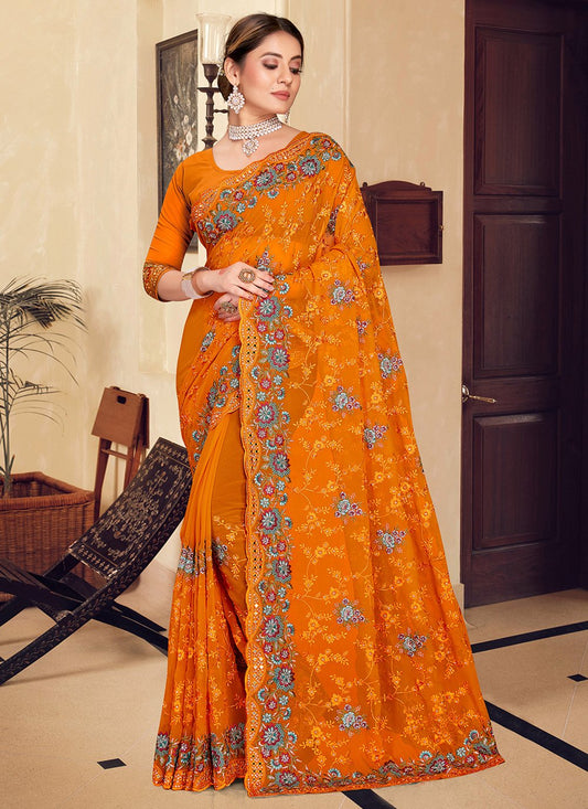 Designer Georgette Mustard Embroidered Saree