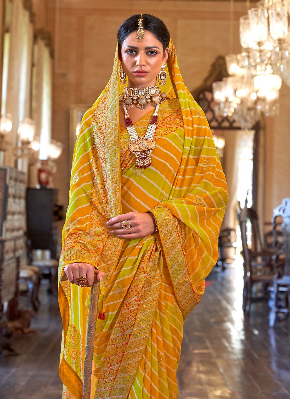 Contemporary Georgette Mustard Patch Border Saree