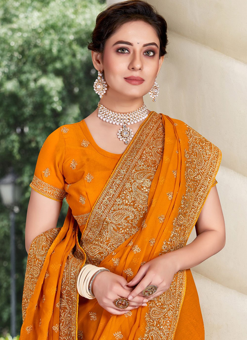 Classic Georgette Mustard Embroidered Saree