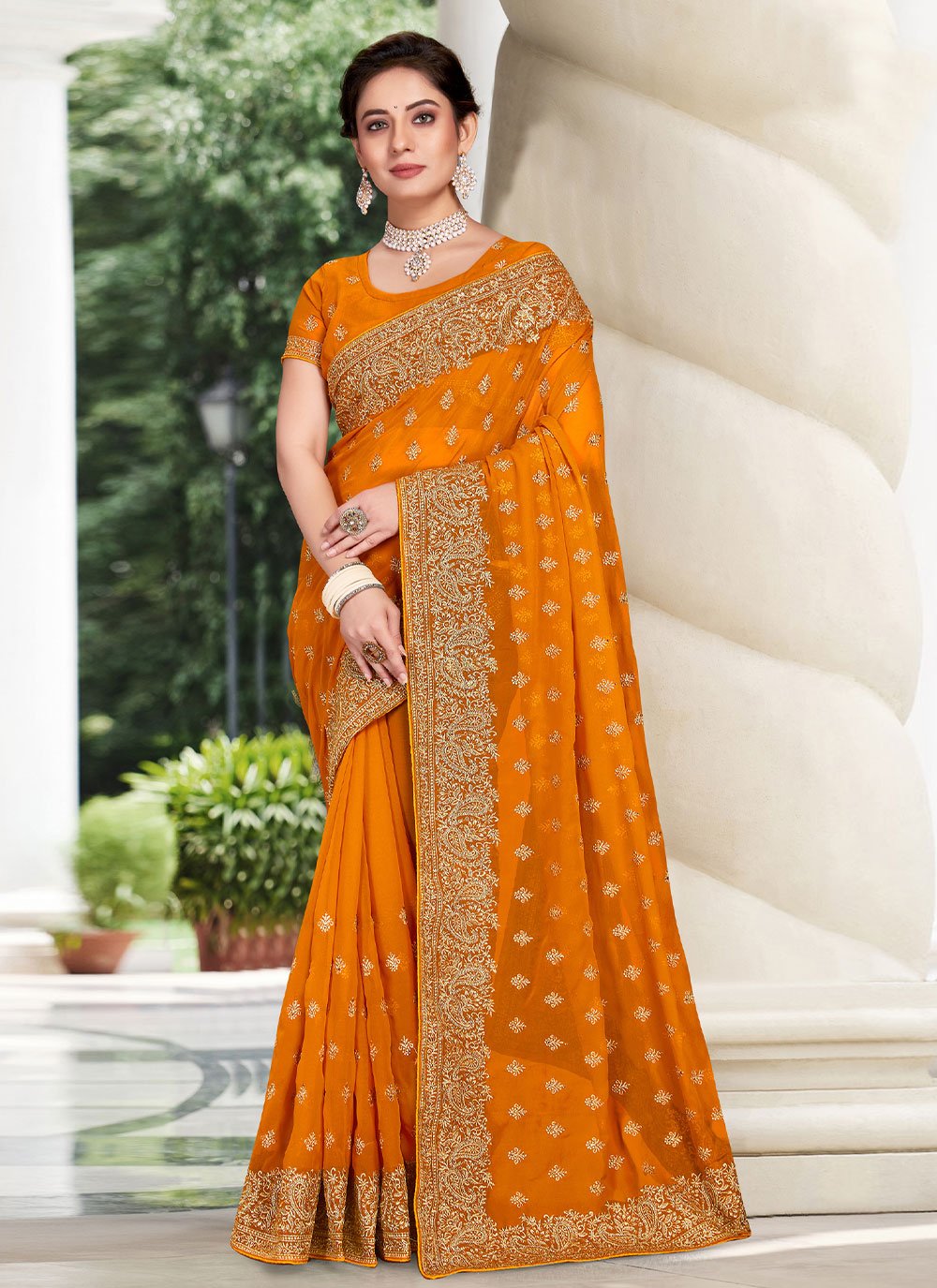 Classic Georgette Mustard Embroidered Saree