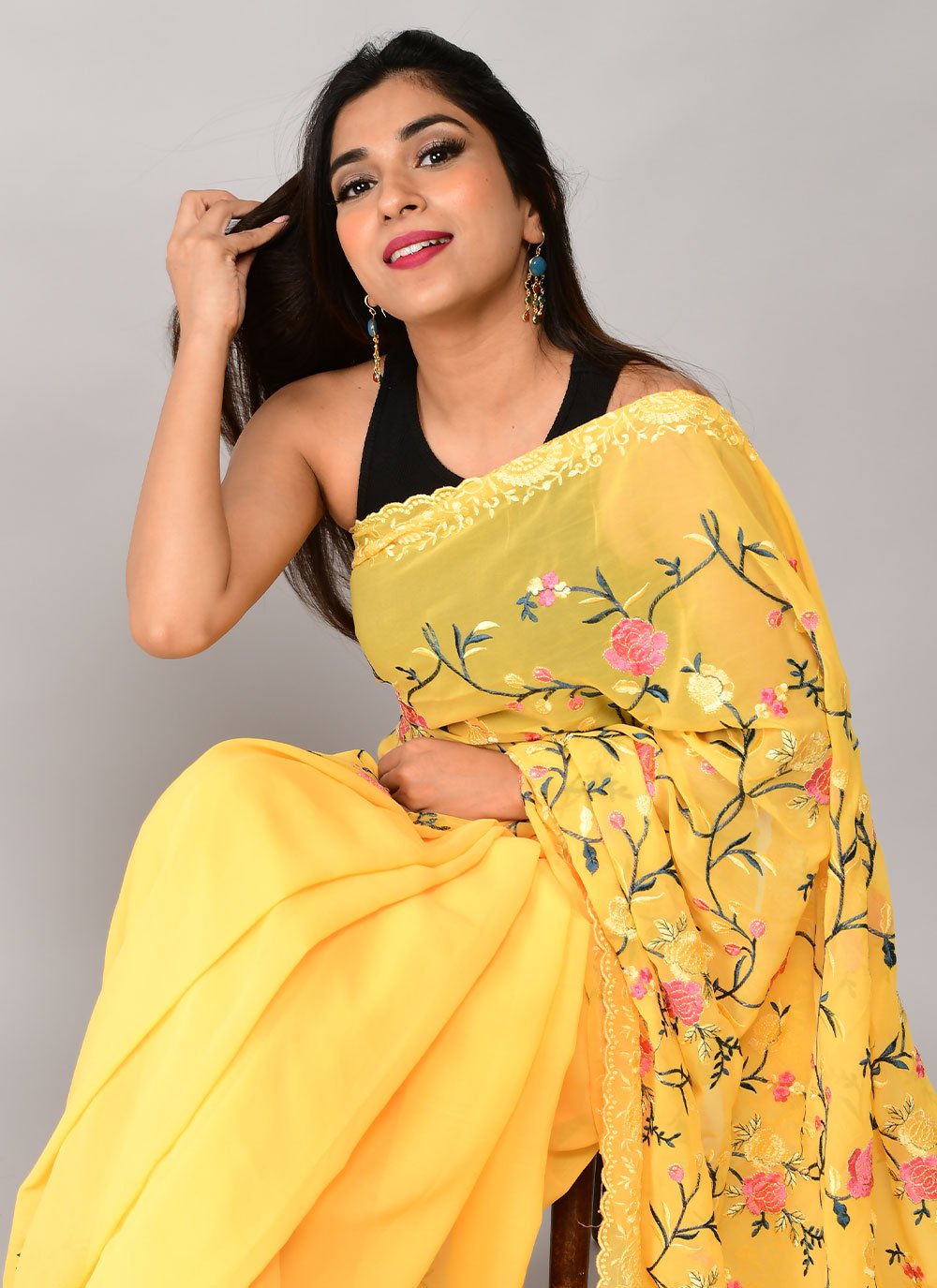 Trendy Saree Georgette Mustard Embroidered Saree