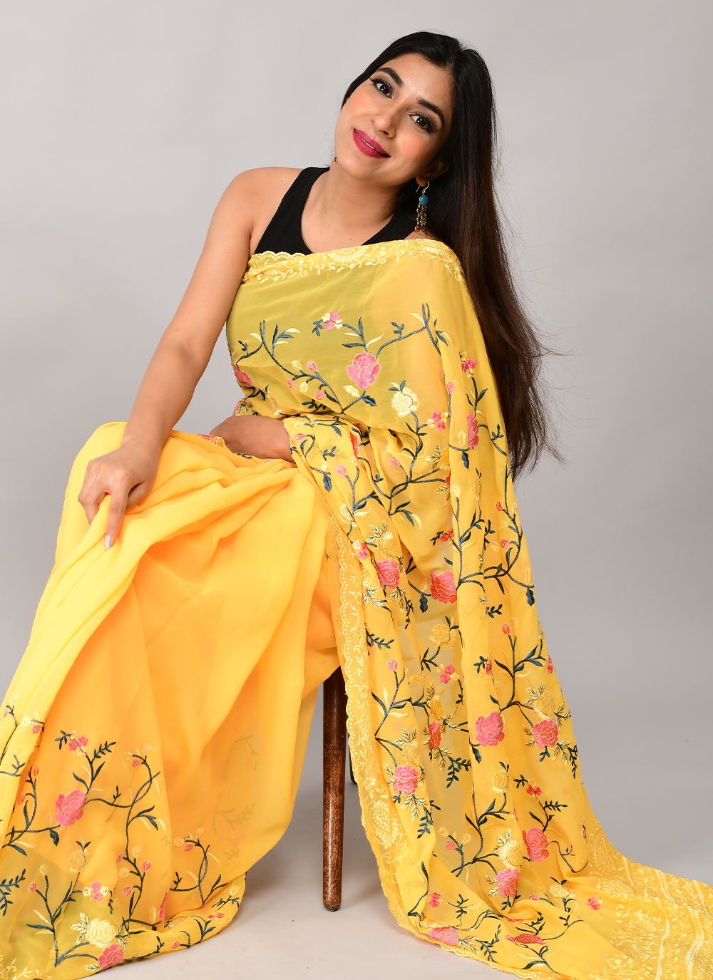 Trendy Saree Georgette Mustard Embroidered Saree