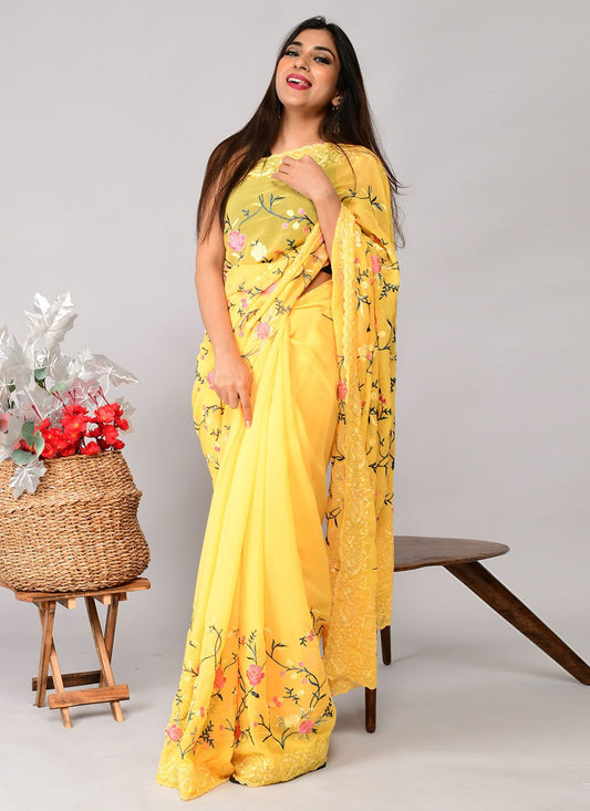 Trendy Saree Georgette Mustard Embroidered Saree