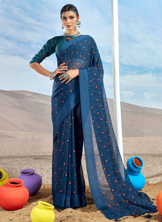 Classic Foil Georgette Blue Patch Border Saree