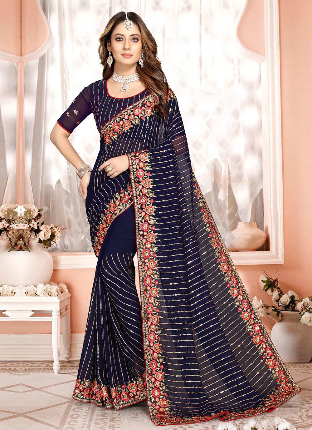 Designer Georgette Blue Embroidered Saree