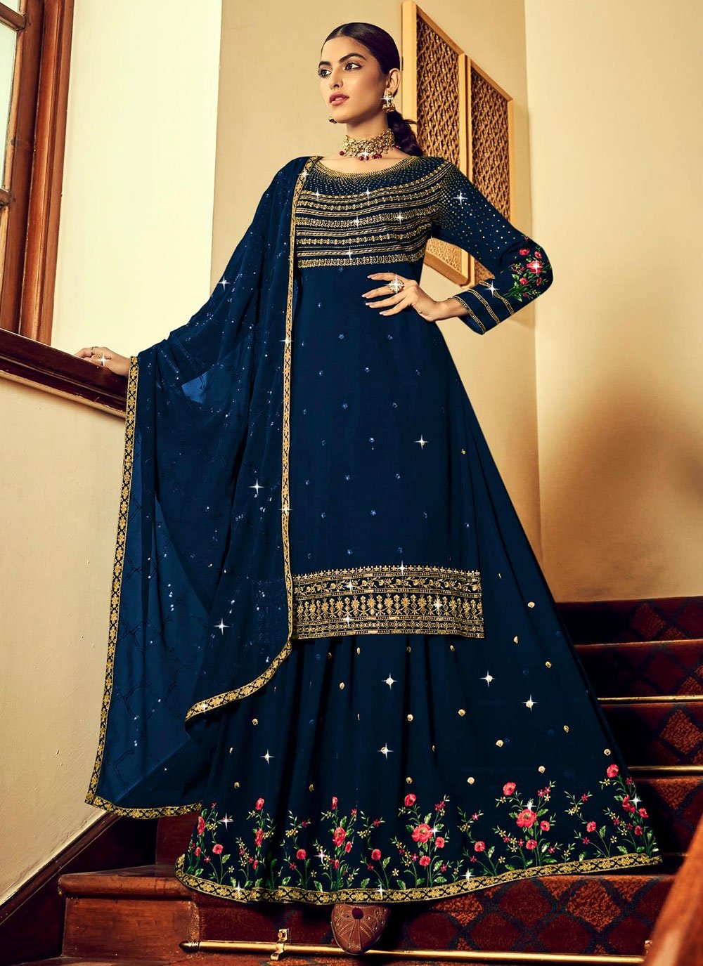 Lehenga Choli Georgette Blue Embroidered Lehenga Choli