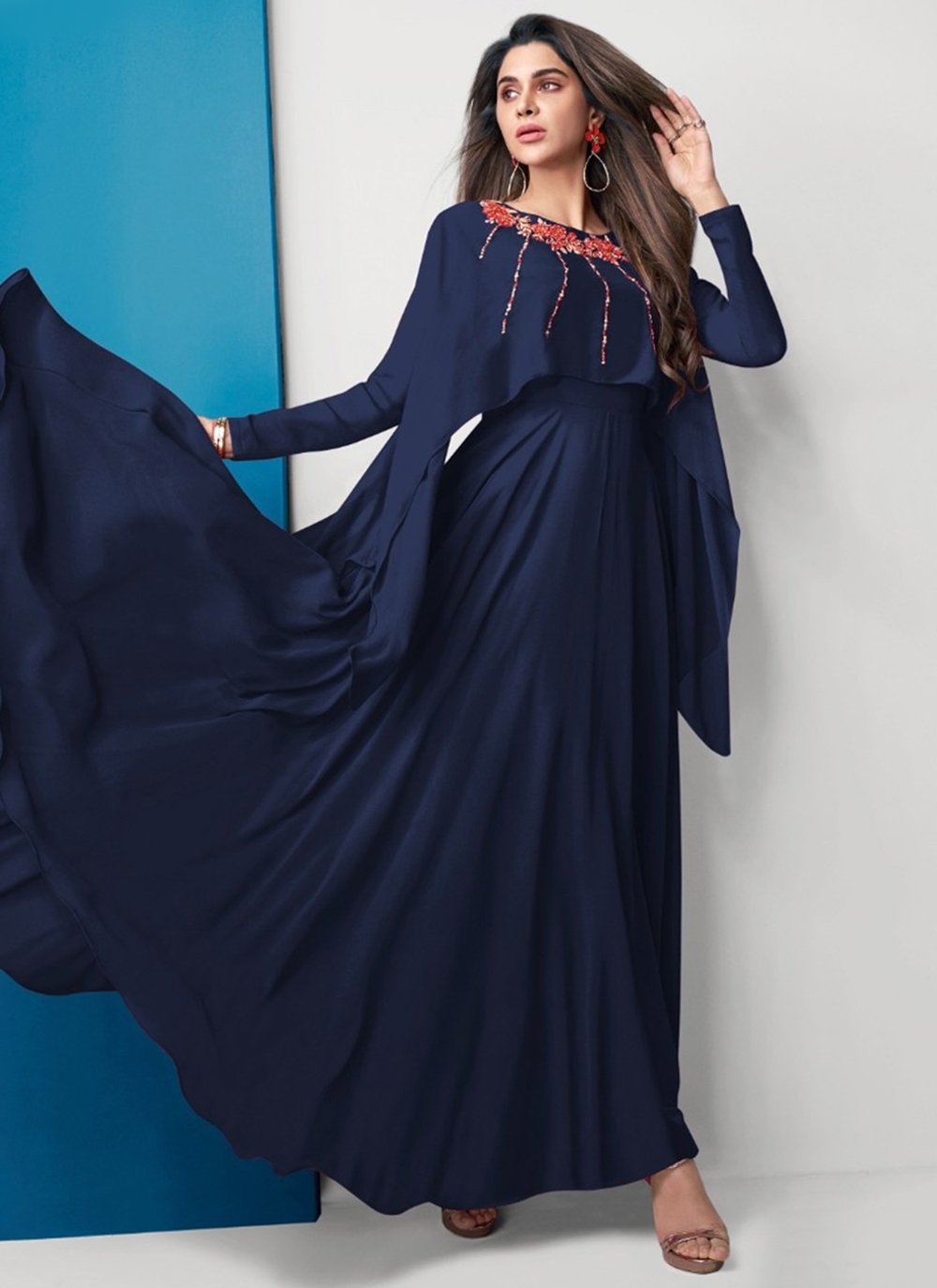 Gown Georgette Blue Embroidered Gown