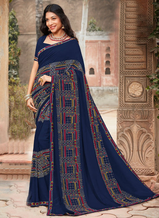 Classic Georgette Blue Fancy Work Saree