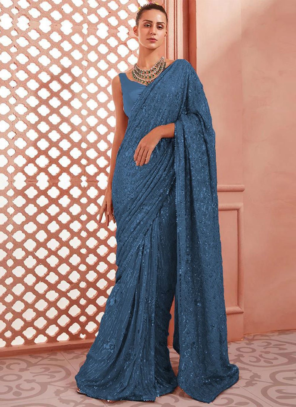 Contemporary Georgette Blue Sequins Saree