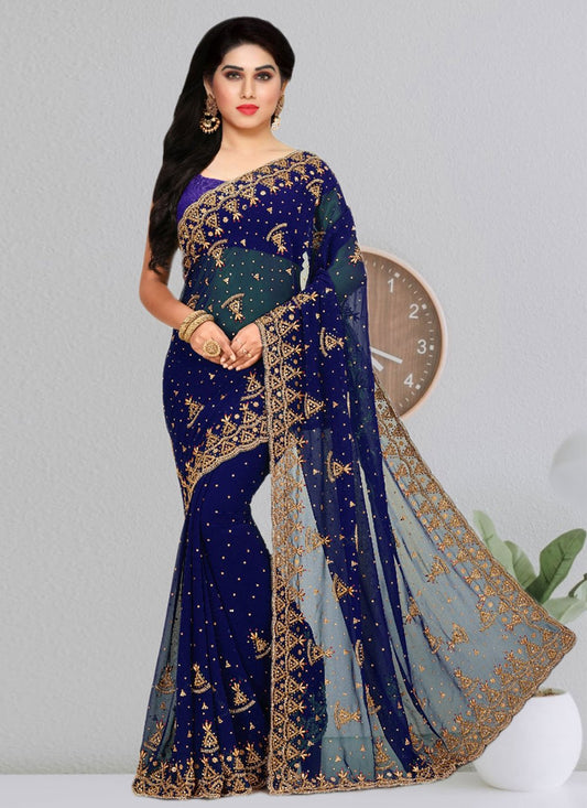 Trendy Saree Georgette Blue Hand Work Saree