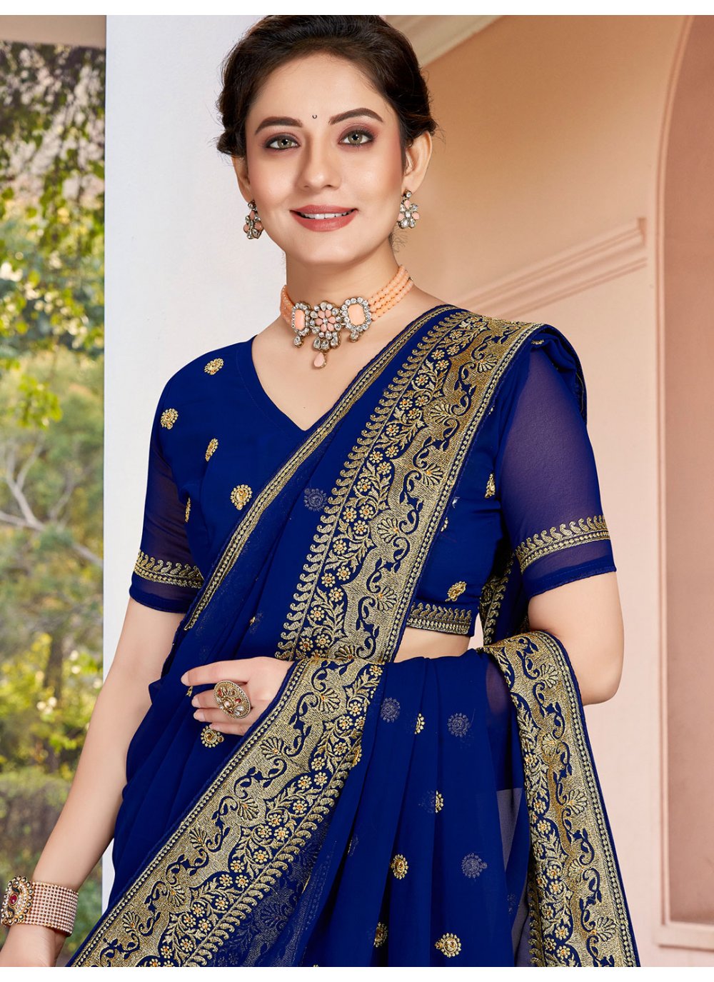 Designer Georgette Blue Embroidered Saree