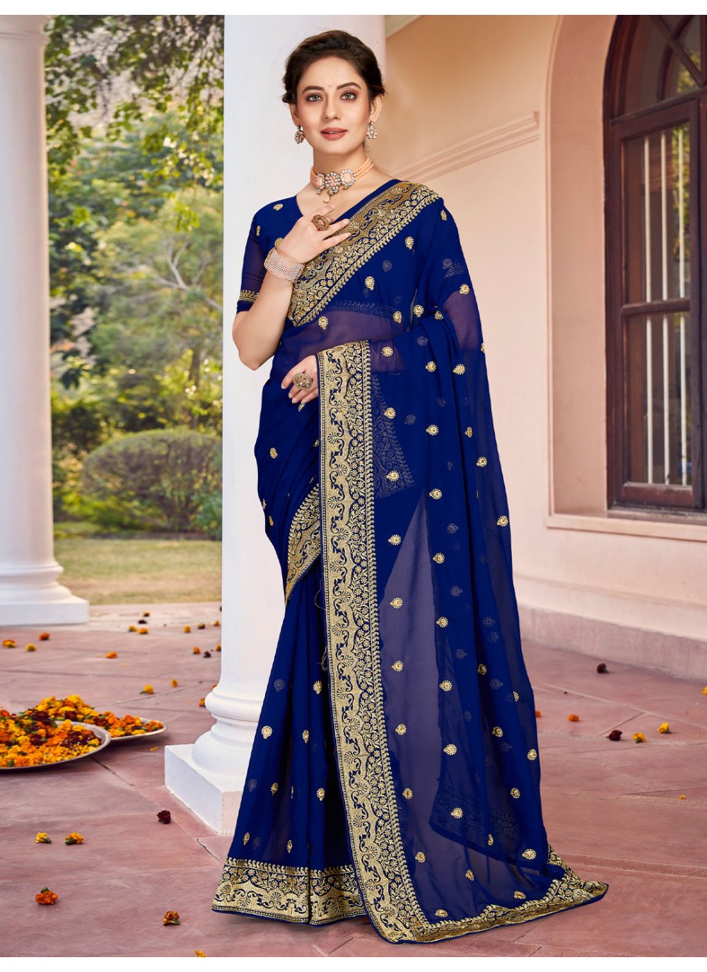 Designer Georgette Blue Embroidered Saree