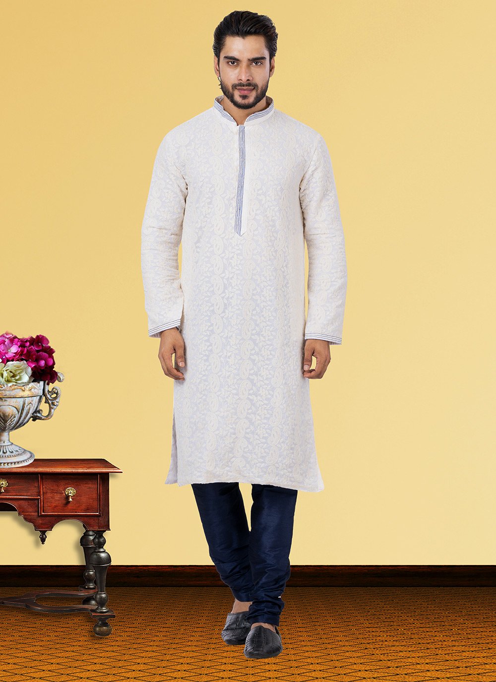 Kurta Pyjama Georgette Off White Embroidered Mens