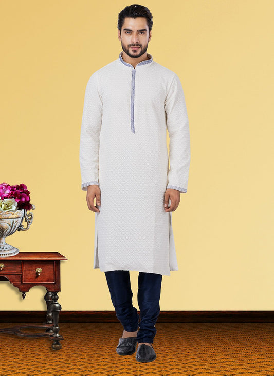 Kurta Pyjama Georgette Off White Embroidered Mens