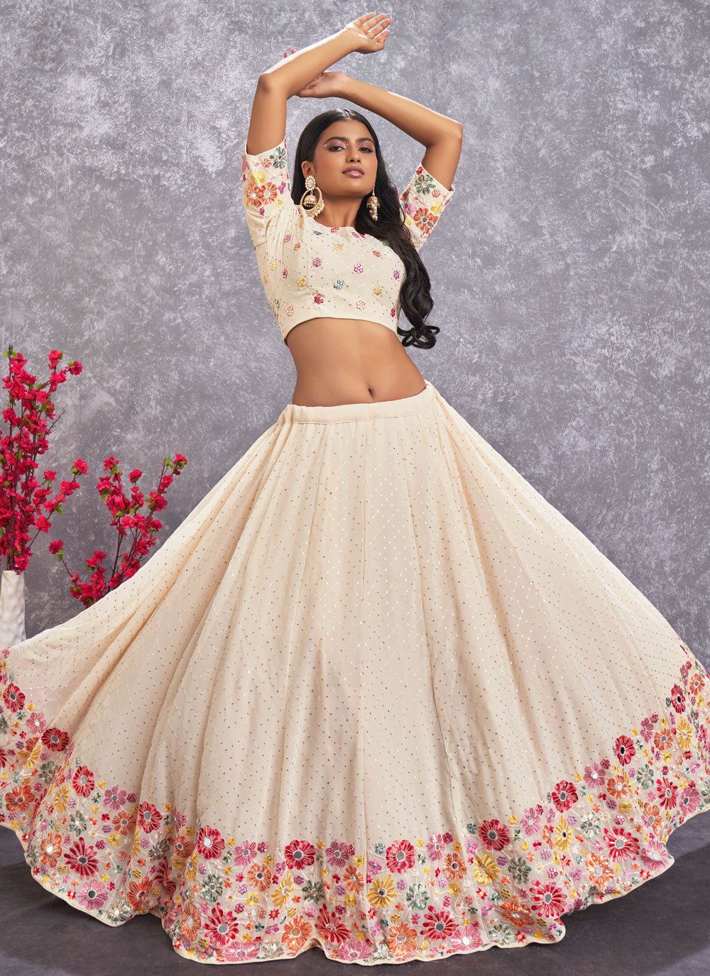 A Line Lehenga Georgette Off White Embroidered Lehenga Choli