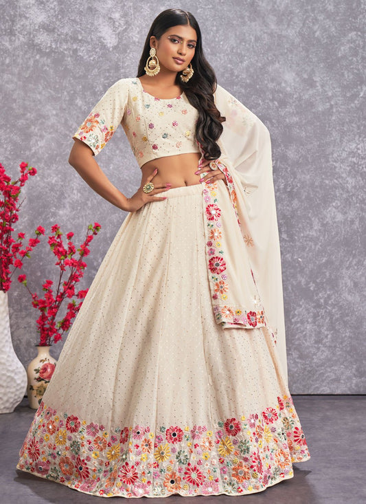 A Line Lehenga Georgette Off White Embroidered Lehenga Choli