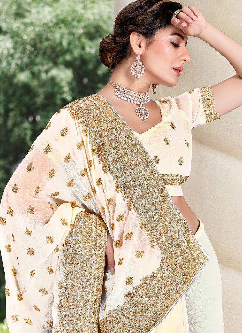 Trendy Saree Georgette Off White Embroidered Saree