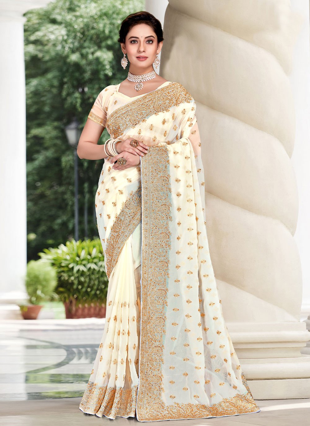 Trendy Saree Georgette Off White Embroidered Saree