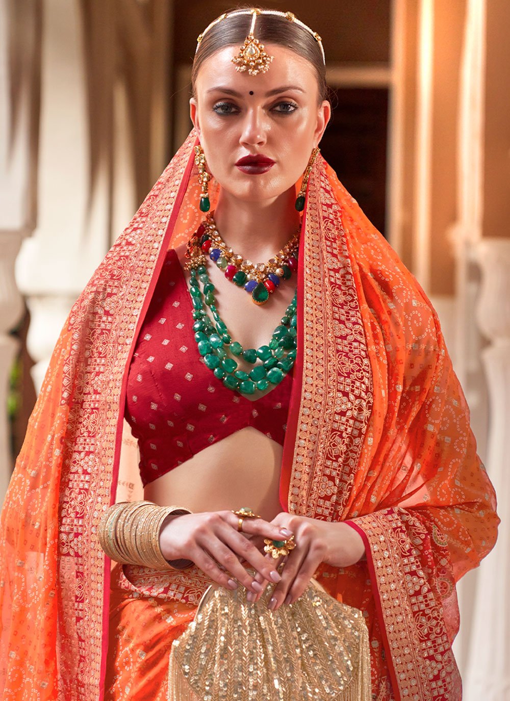 Classic Georgette Orange Patch Border Saree