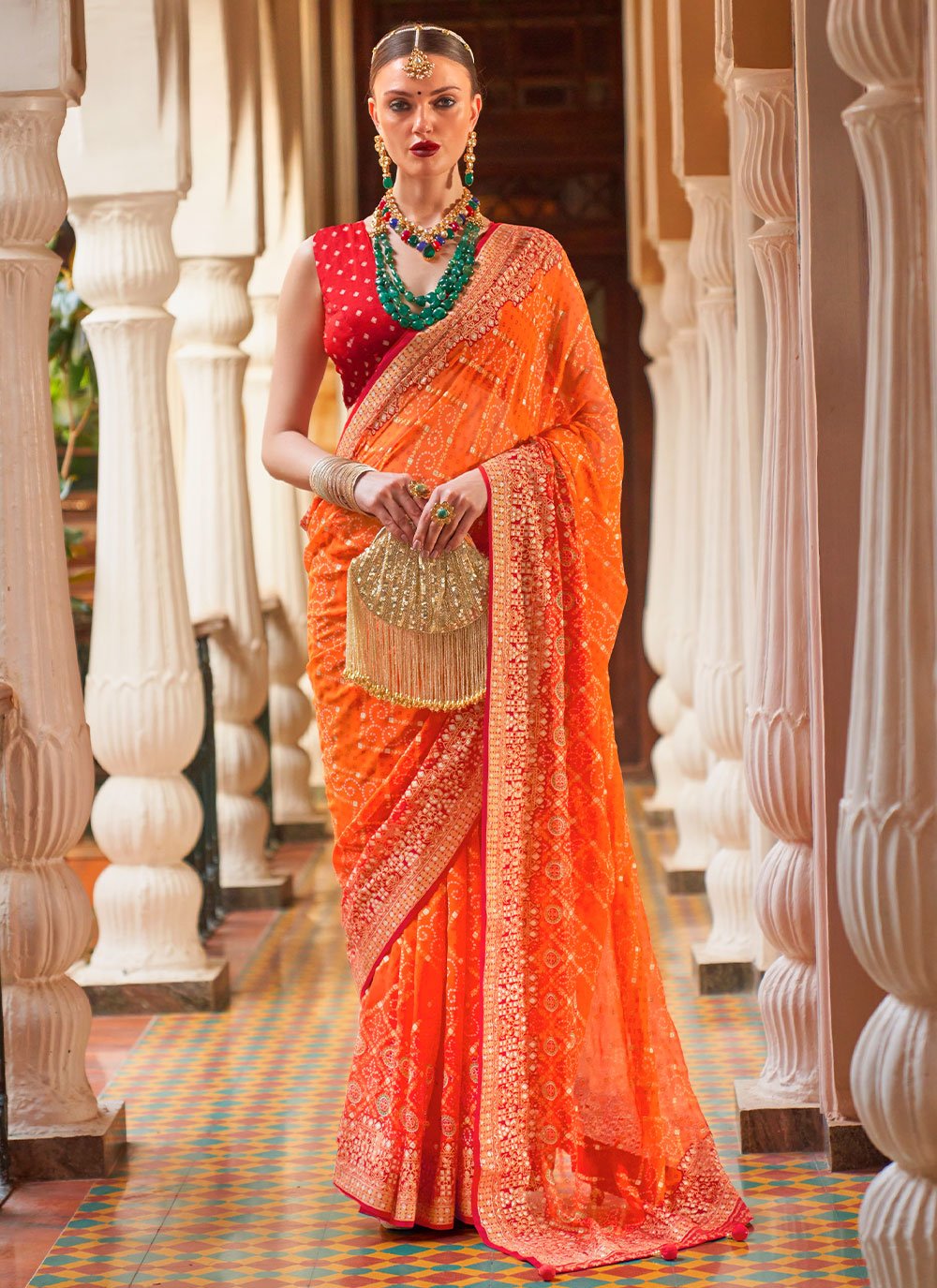 Classic Georgette Orange Patch Border Saree