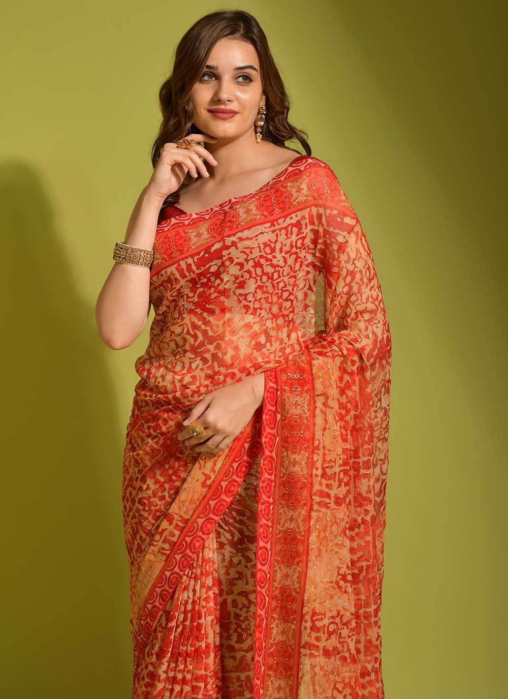 Classic Georgette Orange Digital Print Saree