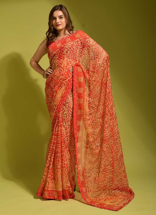 Classic Georgette Orange Digital Print Saree