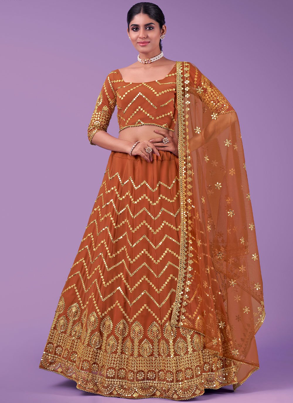 A Line Lehenga Georgette Orange Sequins Lehenga Choli