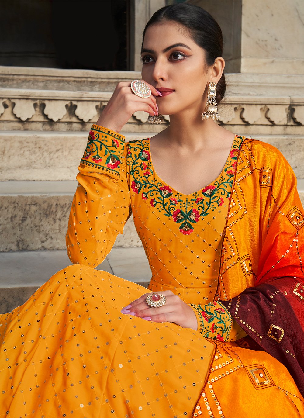 Gown Georgette Orange Embroidered Gown