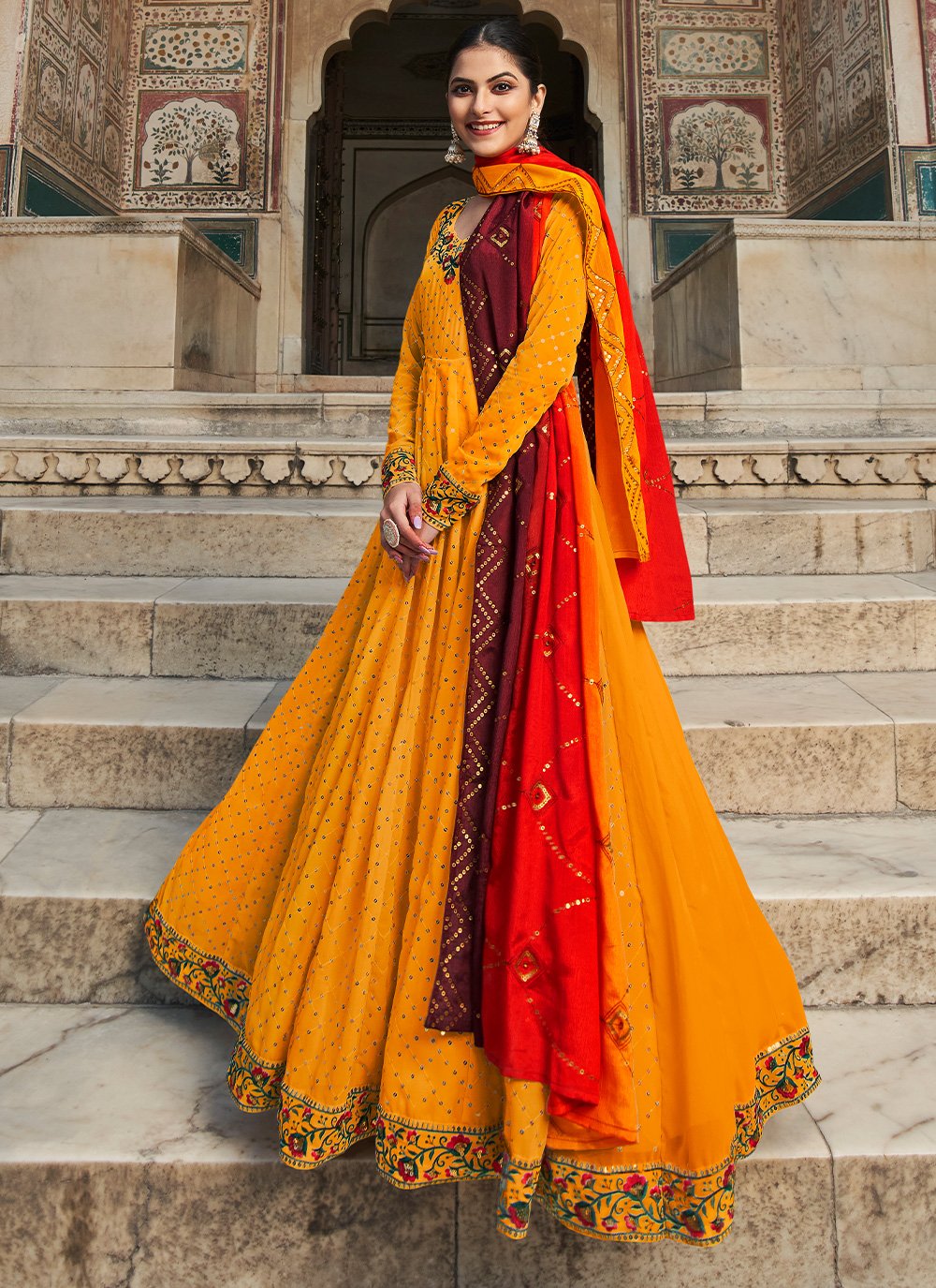 Gown Georgette Orange Embroidered Gown