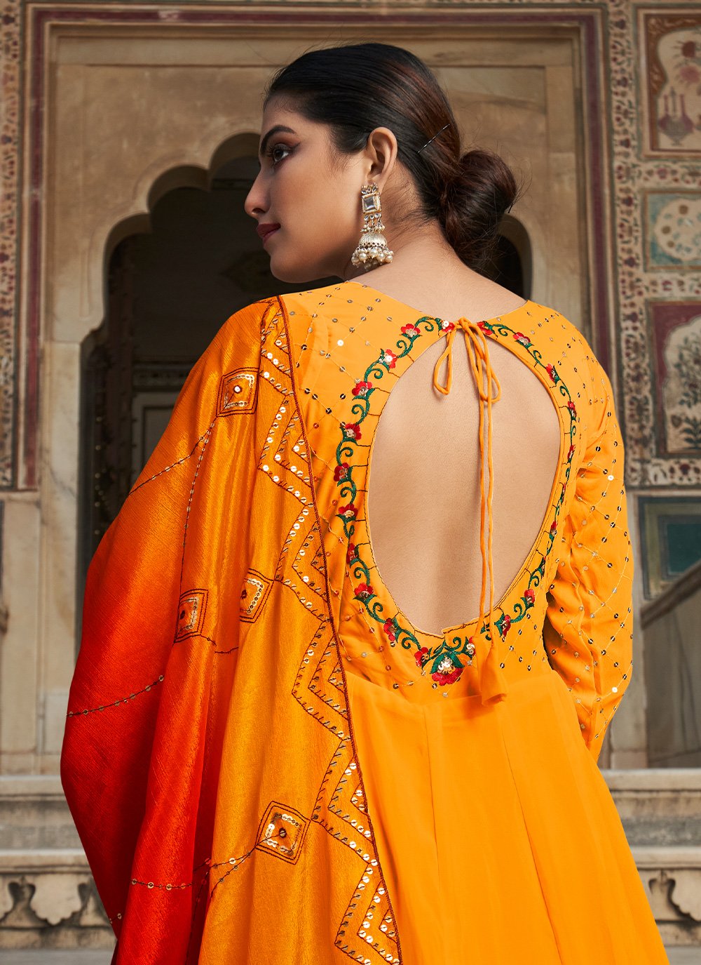 Gown Georgette Orange Embroidered Gown